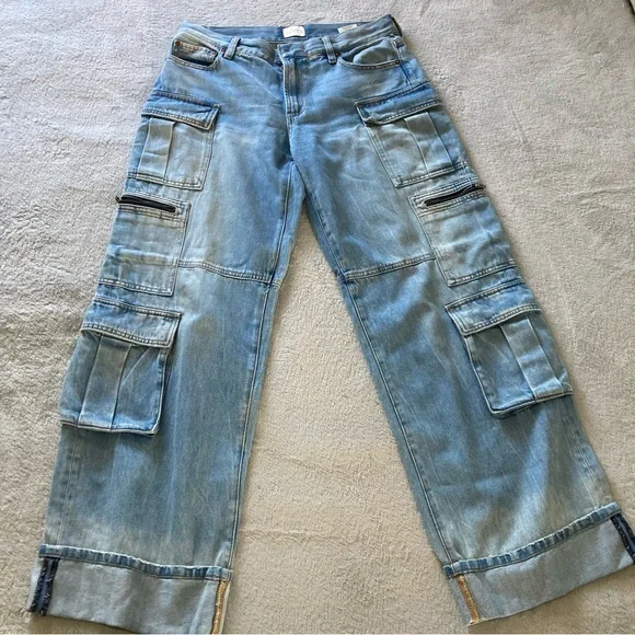 ALICE + OLIVIA Baggy Denim Cargo mid rise Jeans light Blue Wash selvedge Sz 28 - Picture 1 of 9